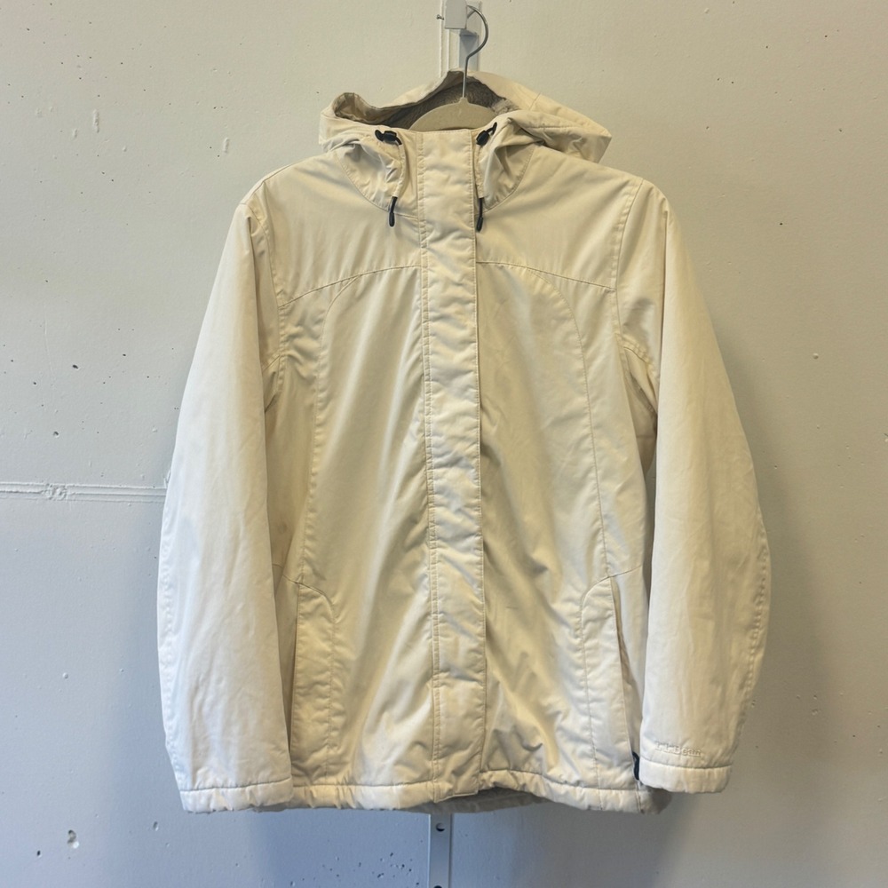 L.L. Bean Hooded Coat Fleece Lining Full Zip Long Sleeve Med Reg Ivory VN02322